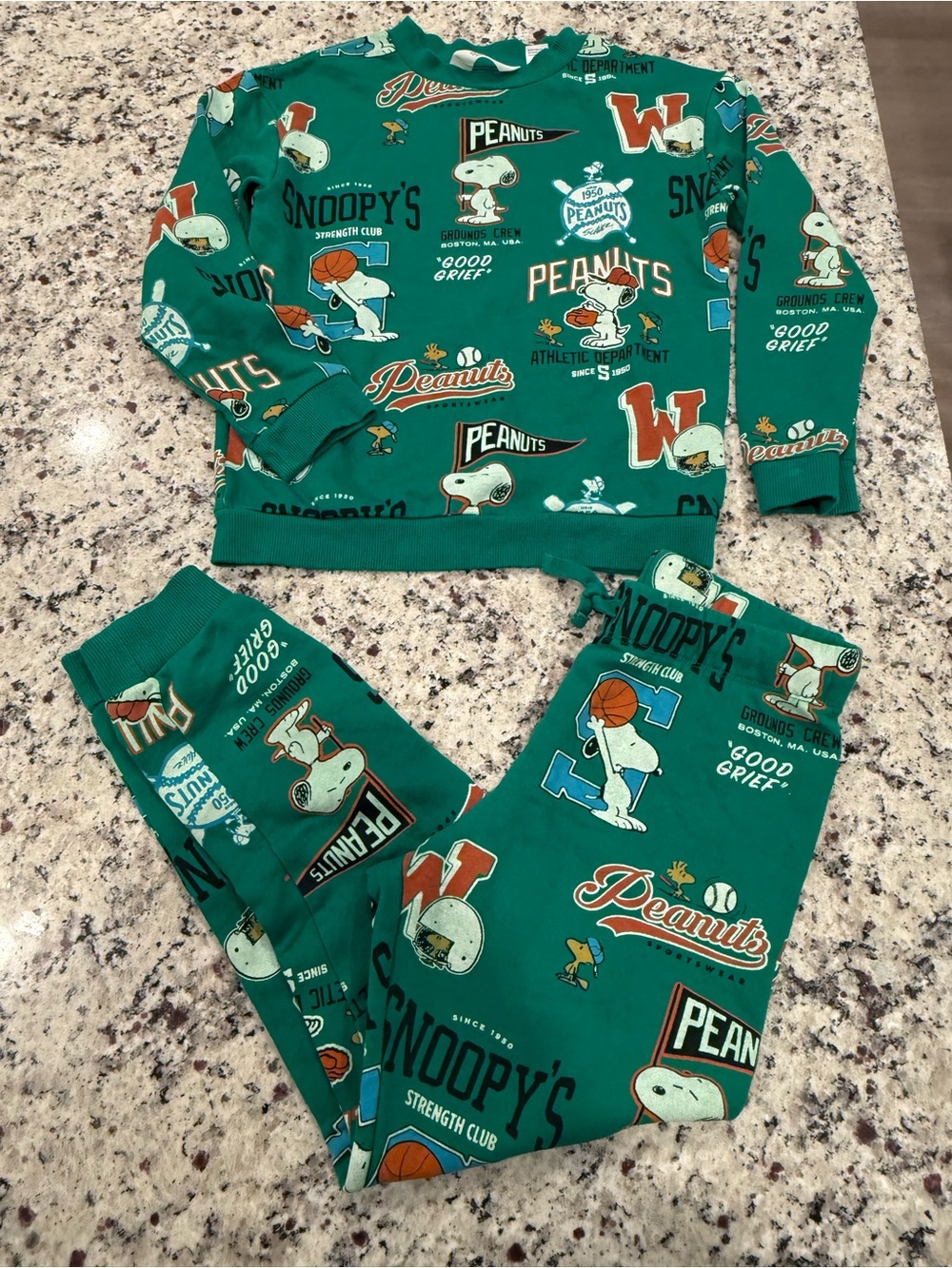 Peanuts Green Snoopy Graphic Pajama Set with Orange & White Accents